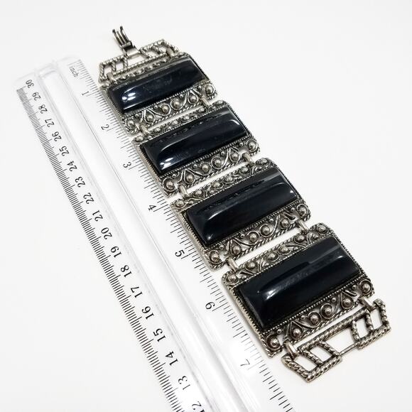 Vintage Selro Style Bracelet, Raised Lucite Black Panels, Chunky Wide - Picture 5 of 10